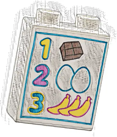 Duplo, Brick 1 x 2 x 2 with Numbers 1, 2, 3, Chocolate, Eggs and Bananas Pattern