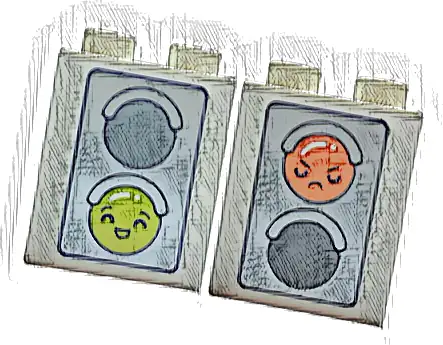 Duplo, Brick 1 x 2 x 2 with Dark Blue and Silver Traffic Light with Dark Bluish Gray Circle and Lime Smiley Smile / Reddish Orange Smiley Sad Pattern