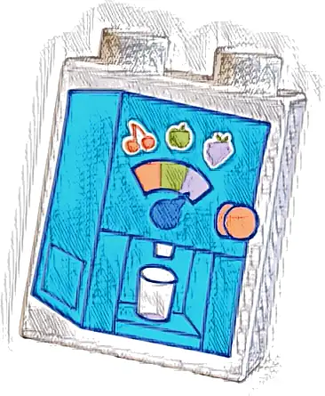 Duplo, Brick 1 x 2 x 2 with Dark Azure Juicer with Glass, Coral Cherry, Lime Apple, Lavender Strawberry Pattern