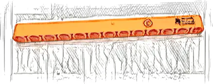 Technic, Liftarm Thick 1 x 13 with Capital Letter E in Red and White Circle and Black 'mind' Logo Pattern Model Right Side (Sticker) - Set 42141 (First Version)