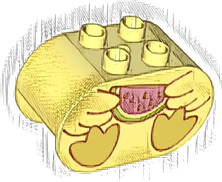 Duplo, Brick 2 x 4 x 2 Rounded Ends with Wings Holding Watermelon Slice and Bright Light Orange Webbed Feet, Duck Body Pattern