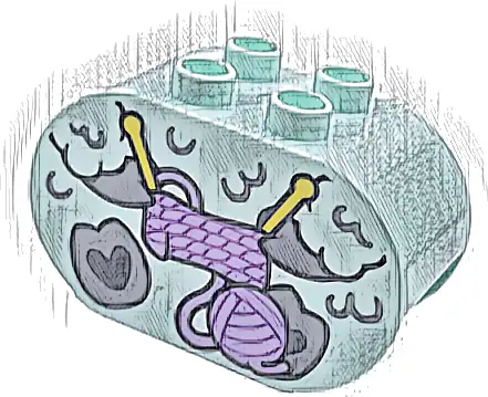 Duplo, Brick 2 x 4 x 2 Rounded Ends with Light Bluish Gray Hooves and Fur, Yellow Knitting Needles, and Lavender Ball of Yarn, Sheep / Lamb Body Pattern