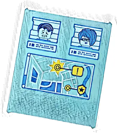Glass for Window 1 x 6 x 6 Flat Front with Yellow, Blue and White GPS Map Screen and 2 Crook Minifigures Pattern