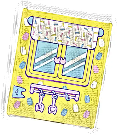 Glass for Window 1 x 6 x 6 Flat Front with Bright Light Blue, Bright Pink and White Cat Heads, Window, Shade and Shelf with Kitchen Utensils Pattern