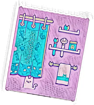 Glass for Window 1 x 6 x 6 Flat Front with Dark Azure and Medium Azure Shower Curtain with Silver Pole and Rings, Lavender Cat, Towel and Shelves with Brushes Pattern