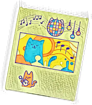Glass for Window 1 x 6 x 6 Flat Front with Dark Purple Music Notes, Medium Azure, Orange, Silver and Yellow Disco Ball, Lights and Cats Pattern