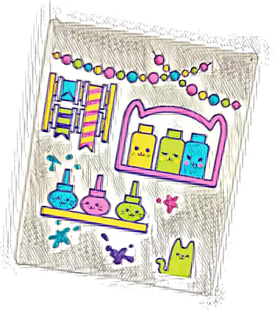 Glass for Window 1 x 6 x 6 Flat Front with Dark Pink, Lime, Medium Azure and Yellow Garlands, Cat, Ribbons, Paint Splotches and Shelves with Bottles Pattern