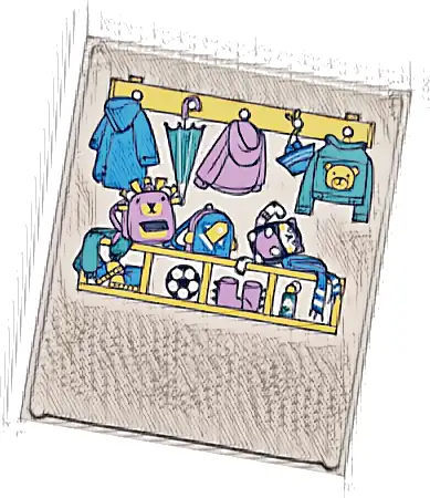 Glass for Window 1 x 6 x 6 Flat Front with Dark Azure, Dark Turquoise, Medium Lavender and Yellow Coats, Jackets, Umbrella, School Bags, Shoes and Soccer Ball Pattern