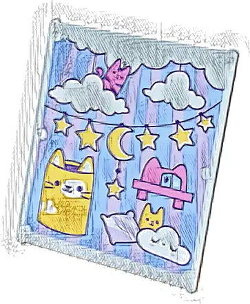 Glass for Window 1 x 6 x 6 Flat Front with Clouds, Lavender Sun Rays and Pillow, Dark Purple Garland with Yellow Stars and Crescent Moon, Cats and Magenta Chair with Cube on Bright Light Blue Backgrou