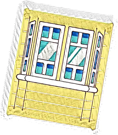 Glass for Window 1 x 6 x 6 Flat Front with Bay Window, Blue and Medium Azure Panes with White Frames and Reflections Pattern