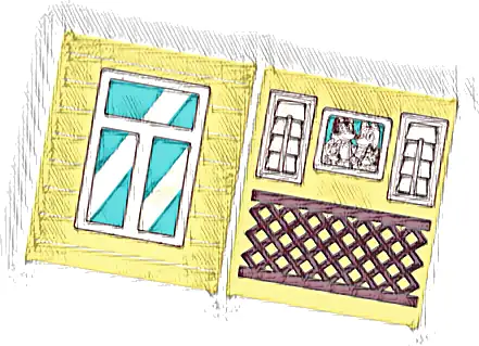 Glass for Window 1 x 6 x 6 Flat Front with Window with Medium Azure Panes, White Frame and Reflections / Bluey Family Photo and Reddish Brown Lattice Railing Pattern