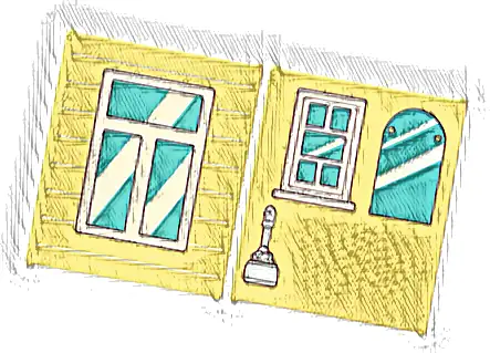 Glass for Window 1 x 6 x 6 Flat Front with Window with Medium Azure Panes, White Frame and Reflections / Small Window, Curved Top Mirror, and Light Aqua Toilet Cleaning Brush Pattern