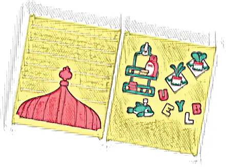 Glass for Window 1 x 6 x 6 Flat Front with Reddish Orange Roof Spire / Dark Turquoise Hanging Shower Rack, Bath Toys and Letter U, E, Y, L, and B Pattern