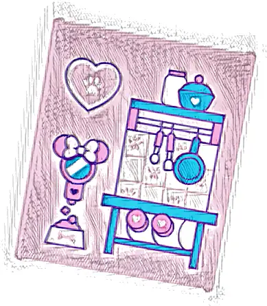 Glass for Window 1 x 6 x 6 Flat Front with Dark Pink, Dark Azure and White Pet Bowl, Mirror, Heart, Shelves, Containers and Kitchen Utensils Pattern