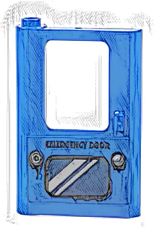 Door 1 x 4 x 5 Train Left, Thick Support at Bottom with Black 'EMERGENCY DOOR', Dark Blue Panel with Silver Stripes Pattern (Sticker) - Set 77073