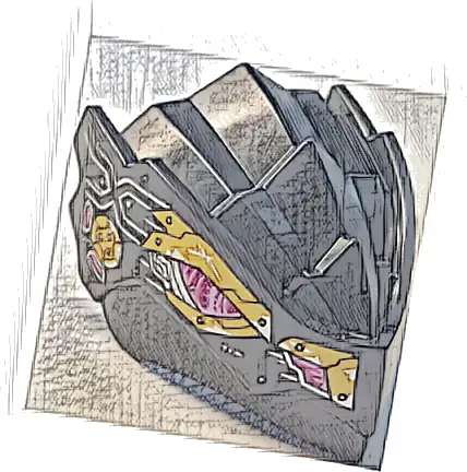 Dragon Head (Ninjago) with Stepped Top and Pin Hole on Back with Magenta and Bright Pink Mechanical Eyes and Nostrils, Bright Light Orange Worn Armor Plates, Silver Lines and Rivets Pattern