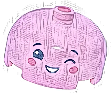 Brick, Round 3 x 3 x 1 1/3 Dome Top - Open Stud with Face with Dark Blue Eyebrows and Eyes, Winking Eye Left, Dark Pink Cheeks, Open Mouth Smile with Teeth Pattern