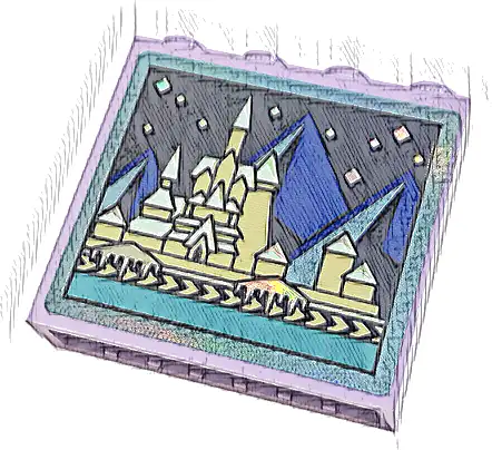 Brick 1 x 4 x 3 with Castle and Mountains Pattern (Sticker) - Set 43197