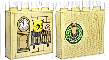 Brick 1 x 4 x 3 with Medium Nougat Grand Father Clock, File Organiser Cabinet, Yellow Box, Red Remembrall, Black 'Owl Post' Logo On Green Circle with Gold Ornate Border Pattern on Both Sides (Stickers