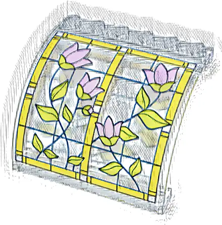 Panel 6 x 5 x 3 1/3 Curved Top with Stained Glass, Bright Light Orange Frame, Bright Pink Flowers and Lime Leaves Pattern Model Left Side (Sticker) - Set 42671
