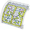 Część LEGO® 5065pb02L Panel 6 x 5 x 3 1/3 z zakrzywioną górą z witrażem, jasno pomarańczową ramką, ciemnoróżowymi kwiatami i limonkowymi liśćmi, model lewa strona (naklejka) - Zestaw 42671