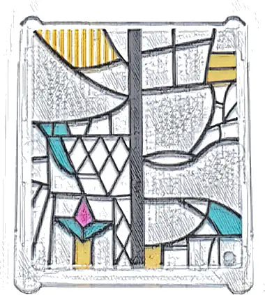 Glass for Window 1 x 3 x 3 Flat Front with Black, Bright Light Orange, Dark Turquoise, and Magenta Stained Glass Pattern 1 (Sticker) - Set 76437