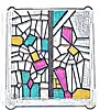 Część LEGO® 51266pb012 Szyba do okna 1 x 3 x 3 płaski front z czarnym, jaskrawo-pomarańczowym, ciemnoturkusowym i magentowym witrażem wzór 4 (naklejka) - zestaw 76437