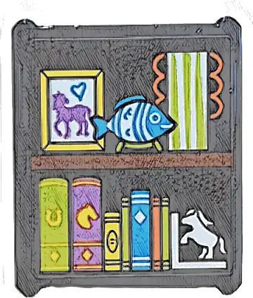 Glass for Window 1 x 3 x 3 Flat Front with Book End with Pony, Books, Fish, Painting Pattern (Sticker) - Set 42654