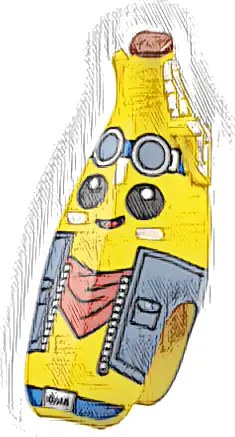 Minifigure, Head, Modified Peeled Banana with Face, Black Eyes, White Spots, Sand Blue Goggles and Jacket with Silver Zipper, Red Bandana, Reddish Brown Top and Blue Belt with 'NANA' on Buckle Pattern