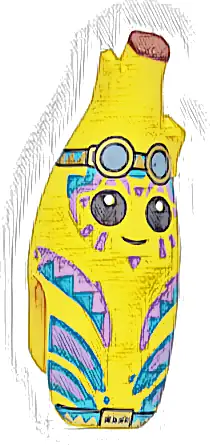 Część LEGO® 5277pb02 Minifigurka, głowa zmodyfikowana obranego banana z twarzą, czarne oczy, średnio-azjatyckie i lawendowe paski, piaskowoniebieskie gogle ze złotymi ramkami, czerwono-brązowa góra i pas z napisem 'NANA' na klamrze, wzór