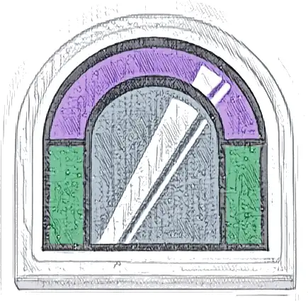 Tile, Round 2 x 2 Half Circle Extended with Black, Green, and Medium Lavender Window Frame with Silver Window and White Reflection Pattern (Sticker) - Set 76437