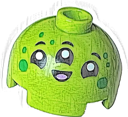 Brick, Round 2 x 2 Dome Top with Alien Face with 3 Black Eyes and Mouth, White Pupils, Medium Lavender Tongue and Green Spots Pattern