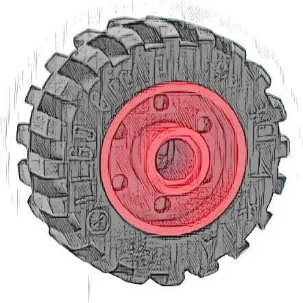 Wheel 18mm D. x 14mm with Pin Hole, Fake Bolts and Shallow Spokes with Black Tire 30.4 x 14 Offset Tread - Band Around Center of Tread (55981 / 92402)