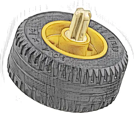 Wheel 18mm D. x 14mm with Pin Hole, Fake Bolts and Shallow Spokes with Black Tire 30.4 x 14 Solid with Tan Technic, Axle 1L with Pin without Friction Ridges (55981 / 58090 / 3749)