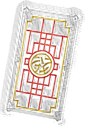 Glass for Window 1 x 4 x 6 with Red Lines, Gold Border and Ninjago Core Logo on White Background Pattern