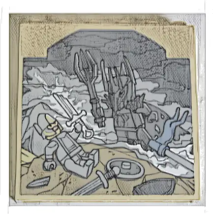 Panel 1 x 6 x 5 with Scene of The Destruction of the Ring with Dark Bluish Gray and Light Bluish Gray Minifigures, Dark Tan Earth and Sand Blue Flag Pattern (Sticker) - Set 10316