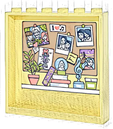 Panel 1 x 6 x 5 with Bulletin Board with Photos, Notes and Pins, Shelf with Plant, Books and Treble Clef Statue Pattern (Sticker) - Set 42647