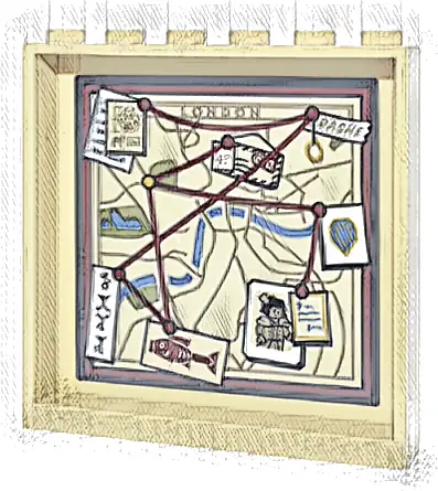 Panel 1 x 6 x 5 with Map, Dark Red String and Pins, White Notes and Pictures and Dark Tan 'LONDON' and 'RACHE'  Pattern (Sticker) - Set 10351