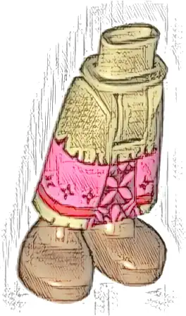 Mini Doll Hips and Skirt Long, Tattered Coral Panel with Dark Red Flower and Stars, Red Stripe, Medium Nougat Legs and Feet Pattern - Thick Hinge