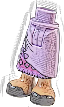 Mini Doll Hips and Skirt Long with Molded Medium Nougat Legs and Printed Black Shoes and Pinned Up Seams with Brooch over Magenta and Medium Lavender Stripes with Diamonds and Triangles Pattern - Thic