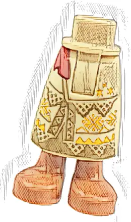 Mini Doll Hips and Skirt Long with Molded Sienna Legs and Feet and Printed Dark Tan Panels and Triangles, Slit in Front, Bright Light Orange Geometric Design, Red Sash Ends Pattern - Thick Hinge