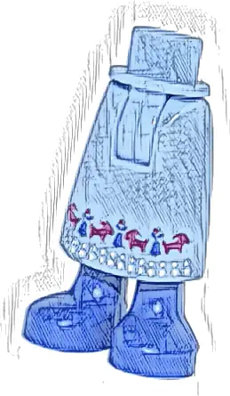 Mini Doll Hips and Skirt Long with Molded Blue Legs and Feet and Printed Bells, Magenta Goats and White Dots Hem Pattern - Thick Hinge