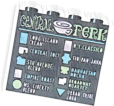 Panel 1 x 4 x 3 with Side Supports - Hollow Studs with 'CENTRAL PERK' Coffee Menu Pattern