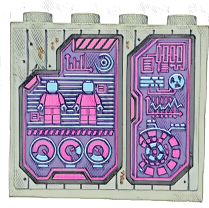 Panel 1 x 4 x 3 with Side Supports - Hollow Studs with Dark Pink and Medium Azure Minifigures, Graphs, Lines and Charts on Dark Purple Display Screens Pattern (Sticker) - Set 76253