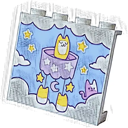 Panel 1 x 4 x 3 with Side Supports - Hollow Studs with Clouds, Medium Lavender Mobile with Crescent Moon and Yellow Stars and Cats on Bright Light Blue Background Pattern