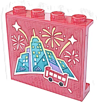 Panel 1 x 4 x 3 with Side Supports - Hollow Studs with Bus, Skyline and White and Bright Light Yellow Fireworks Pattern Model Left Side (Sticker) - Set 60407