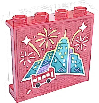Panel 1 x 4 x 3 with Side Supports - Hollow Studs with Bus, Skyline and White and Bright Light Yellow Fireworks Pattern Model Right Side (Sticker) - Set 60407