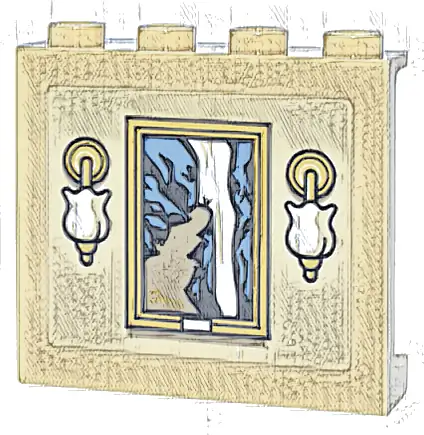 Panel 1 x 4 x 3 with Side Supports - Hollow Studs with Gold and White Light Sconces, Picture of Waterfall and Sand Blue and Dark Tan Cliff in Frame Pattern (Sticker) - Set 10351