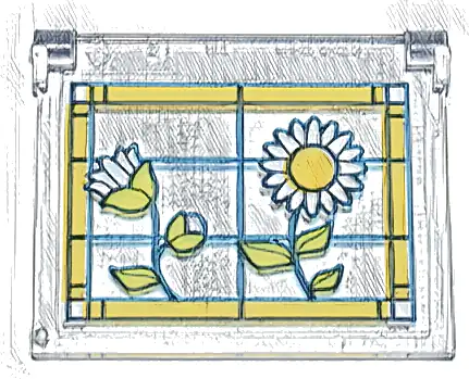 Glass for Window 1 x 4 x 3 - Opening with Stained Glass, Bright Light Orange Frame, White Flowers and Lime Leaves Pattern Model Left Side (Sticker) - Set 42671