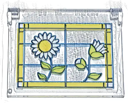 Glass for Window 1 x 4 x 3 - Opening with Stained Glass, Bright Light Orange Frame, White Flowers and Lime Leaves Pattern Model Right Side (Sticker) - Set 42671